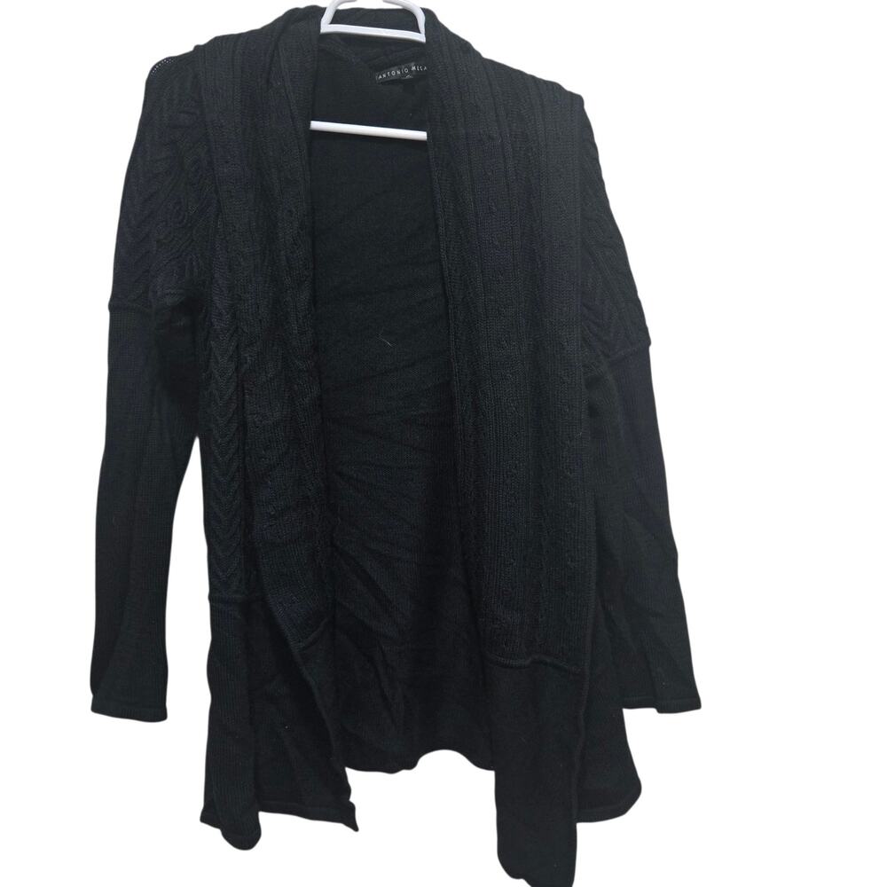 Antonio Melani Cable Knit Open Front Drape Cardigan Black Medium